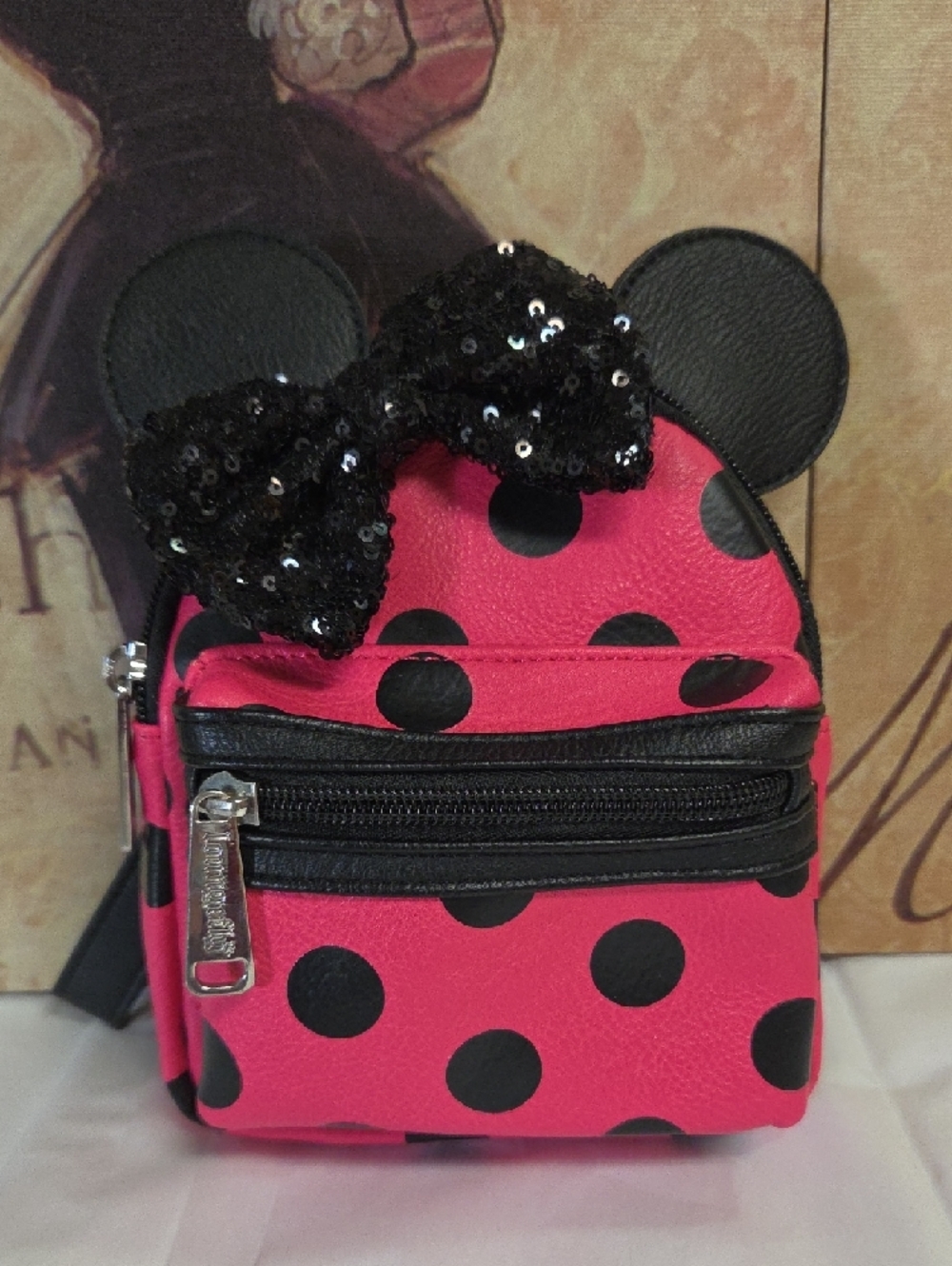 Loungefly Pink and Black Polka Dot Micro  Backpack with Sequin Bow Ears - Picture 2 of 8
